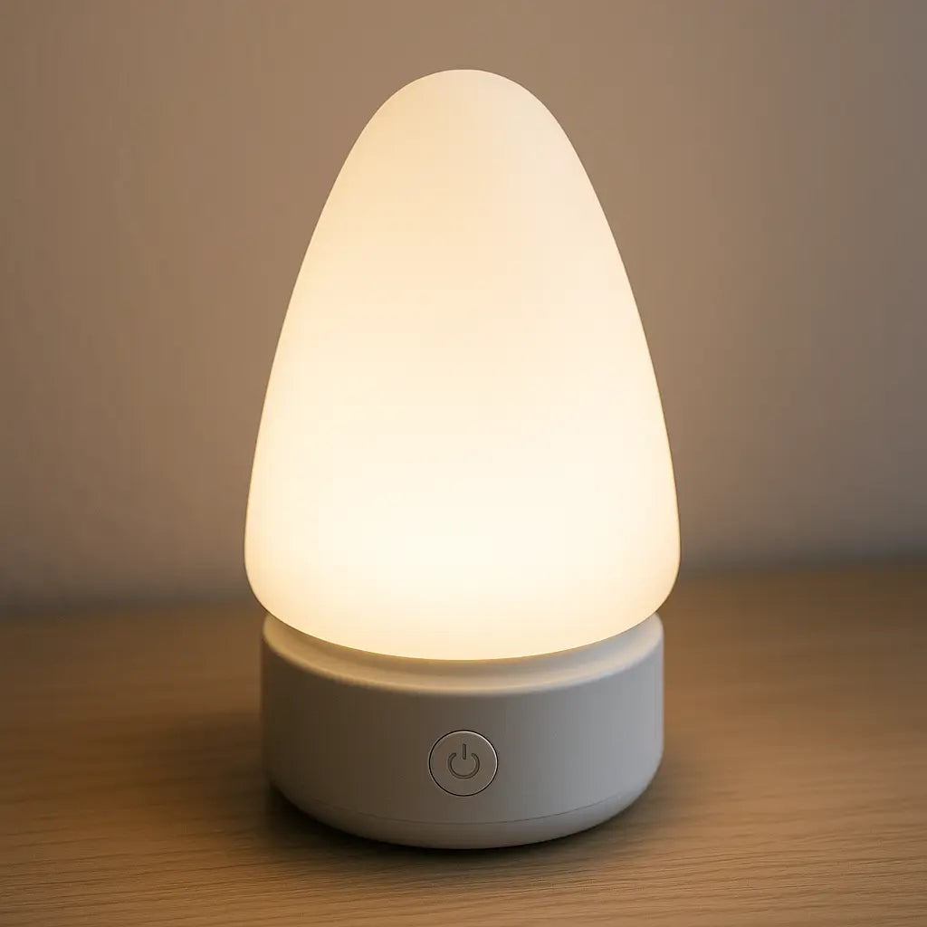 Lampe de chevet en silicone blanche posée sur une table en bois clair, diffusant une lumière chaude et douce idéale pour une ambiance apaisante.