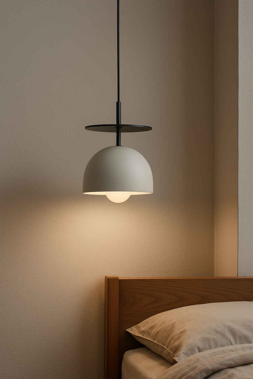Lampe de chevet suspendue moderne au design épuré, idéale pour un éclairage aérien et élégant dans une chambre contemporaine.