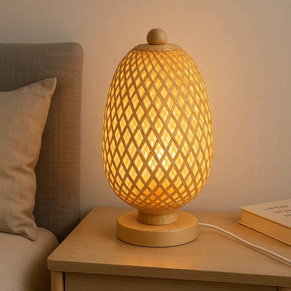 Lampe de chevet en rotin tressé posée sur une table de nuit en bois clair, parfaite pour une décoration naturelle et chaleureuse.