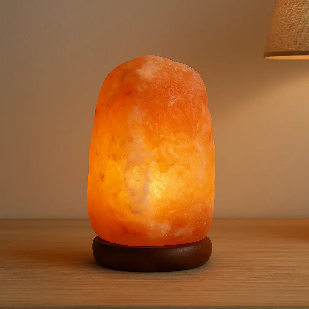 Lampe de chevet en cristal de sel rose de l’Himalaya diffusant une lumière douce et apaisante sur une table de nuit en bois clair.