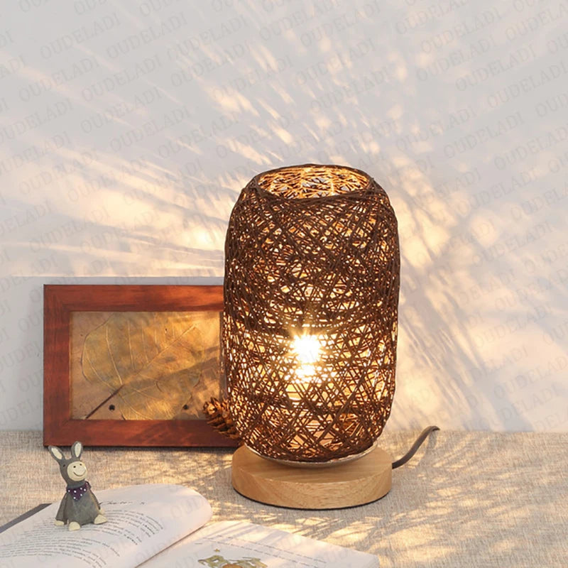 Lampe de chevet Rotin et Bois